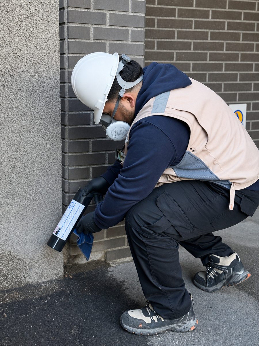Técnico de Fumigaciones Ranco instalando una estación de cebado en el muro exterior de un edificio